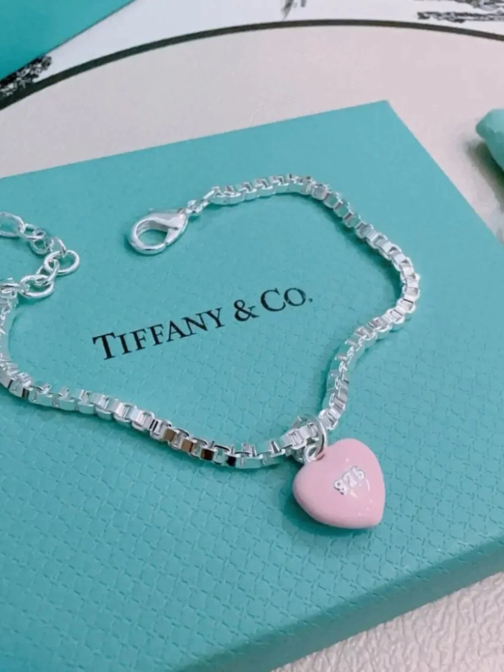 Tiffany & Co. Fine Pink Heart Silver Bracelet